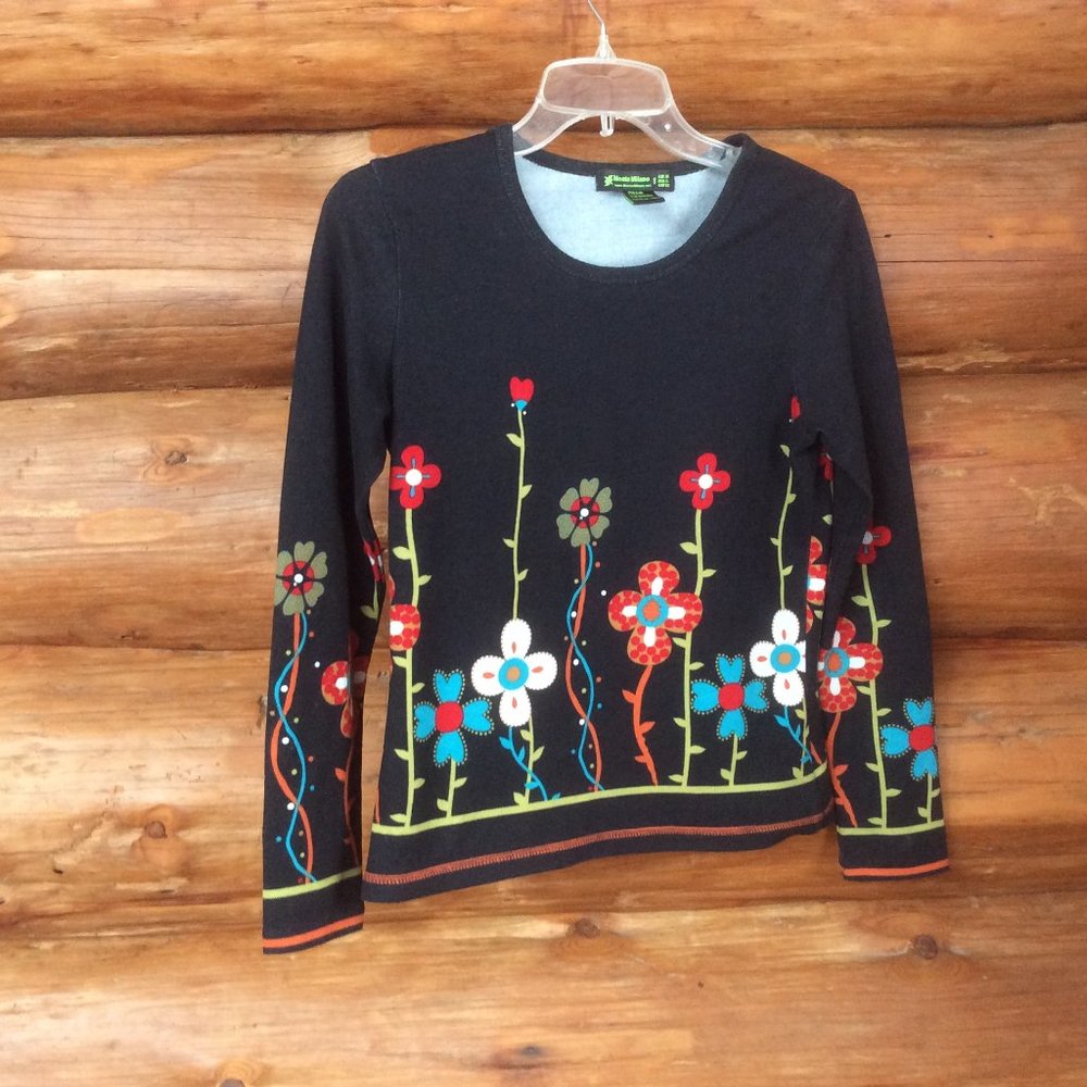 Monte Milano Black Flower Garden Boho Floral Art to Wear Pullover Shirt SZ Small